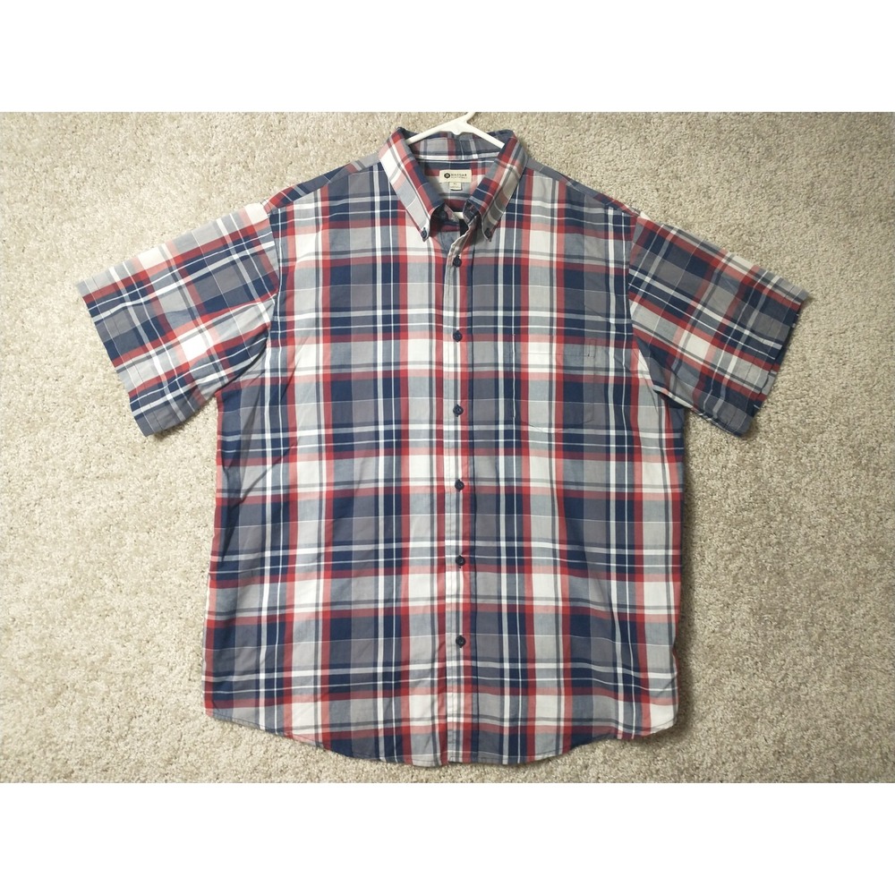 Haggar Shirt Adult Extra Large White Blue Red Button Up Short Sleeve Men